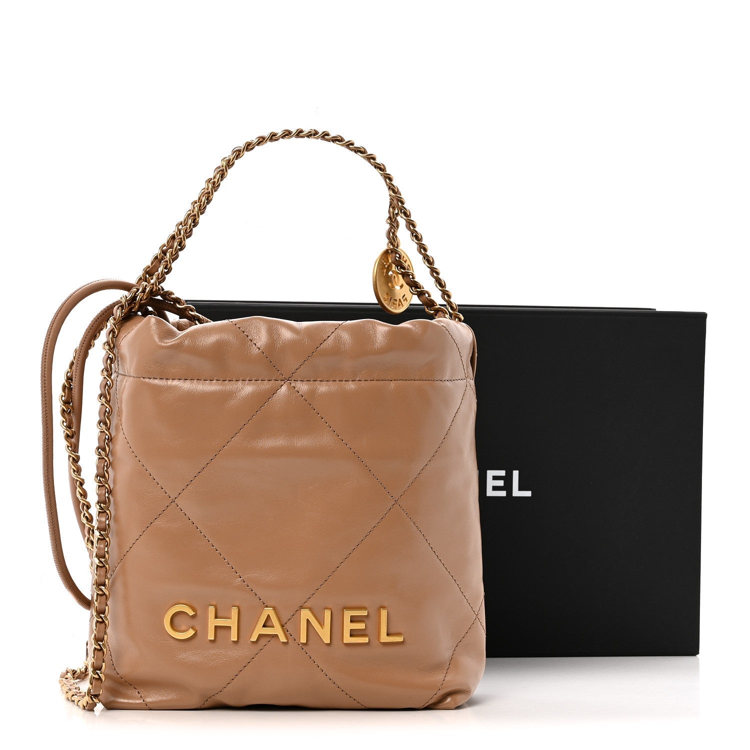 Shiny Calfskin Quilted Mini Chanel 22 Dark Beige