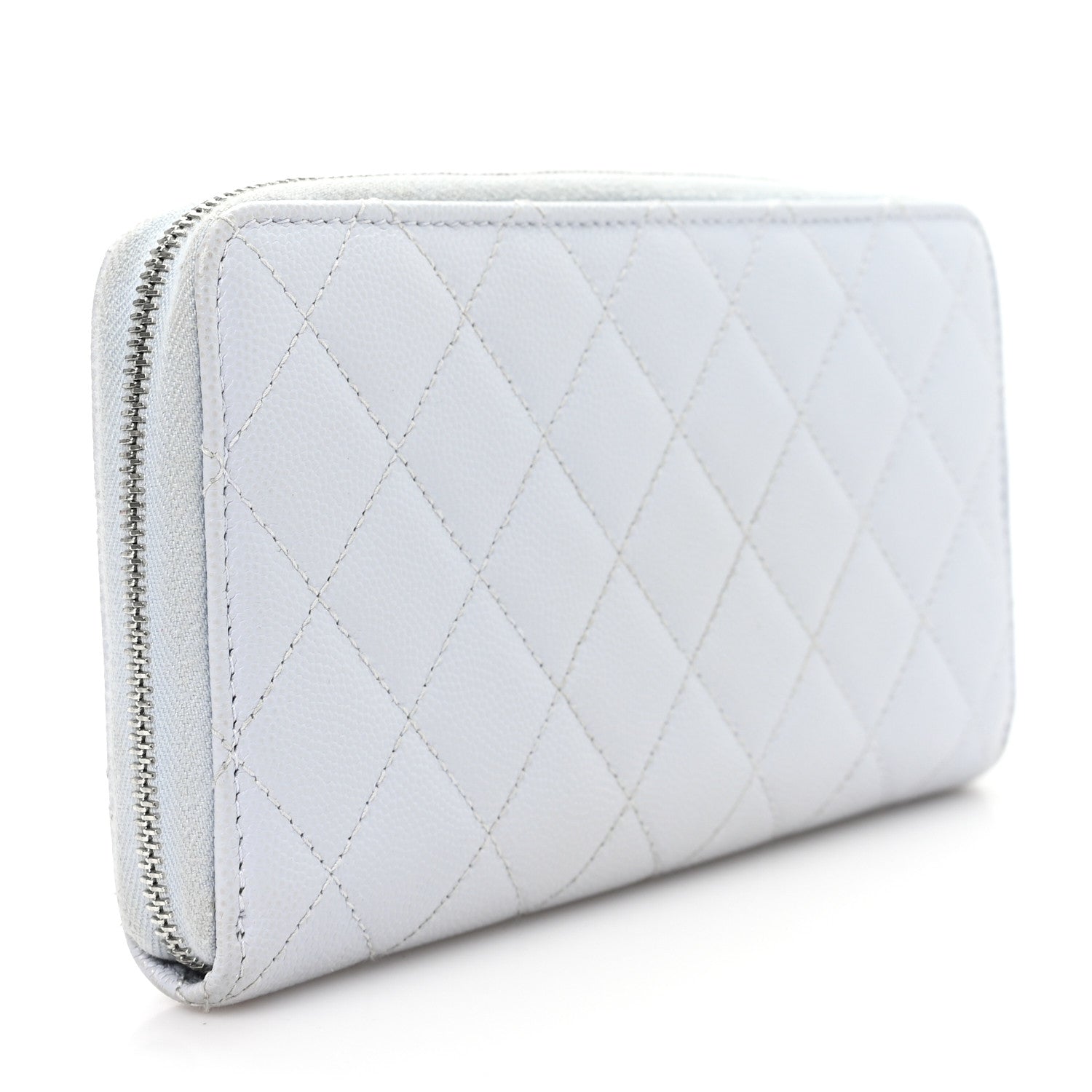 Caviar Quilted Coco Chanel Logo CC Large Gusset Zip Around Wallet Light Blue