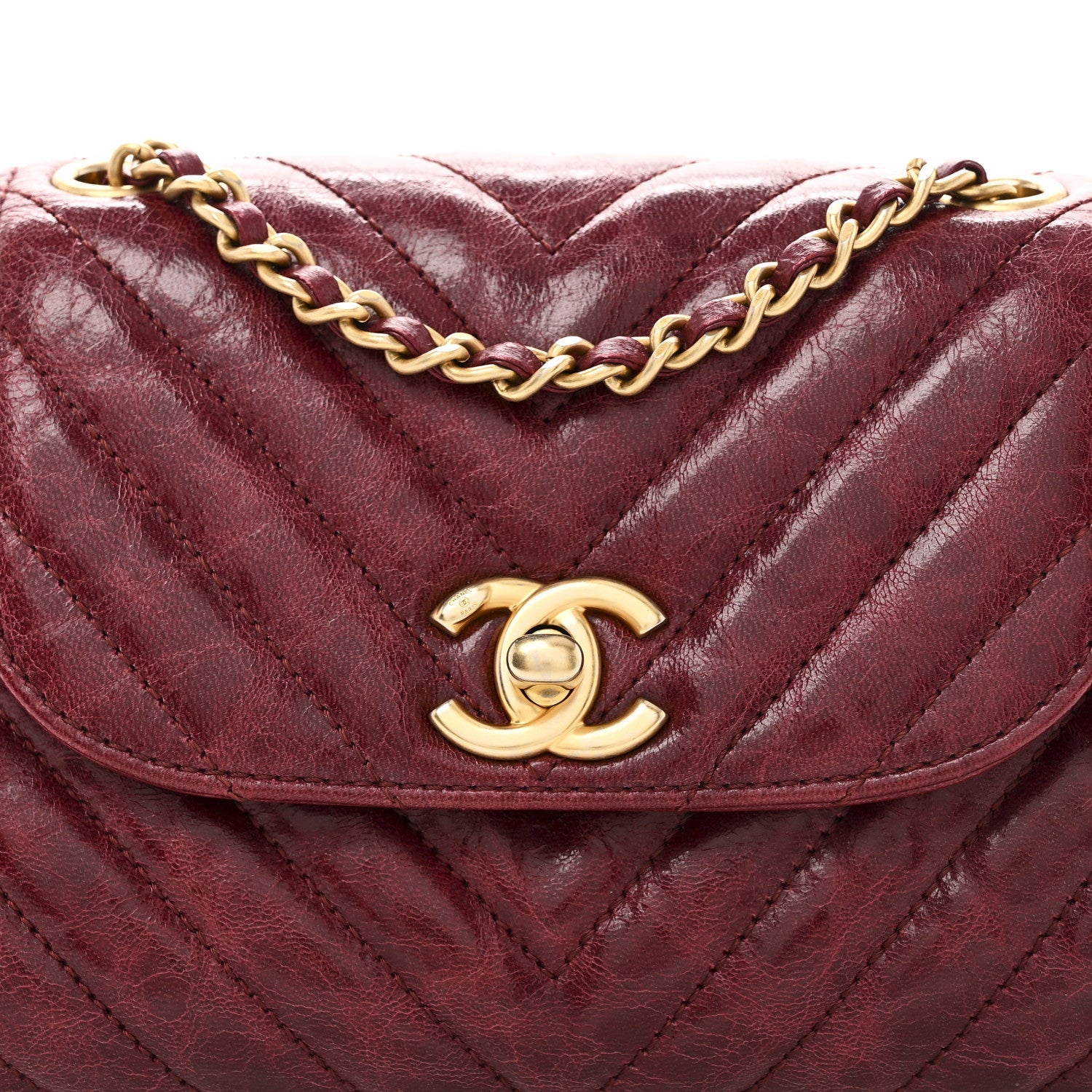 Glazed Calfskin Chevron Quilted Small Hampton Flap Burgundy