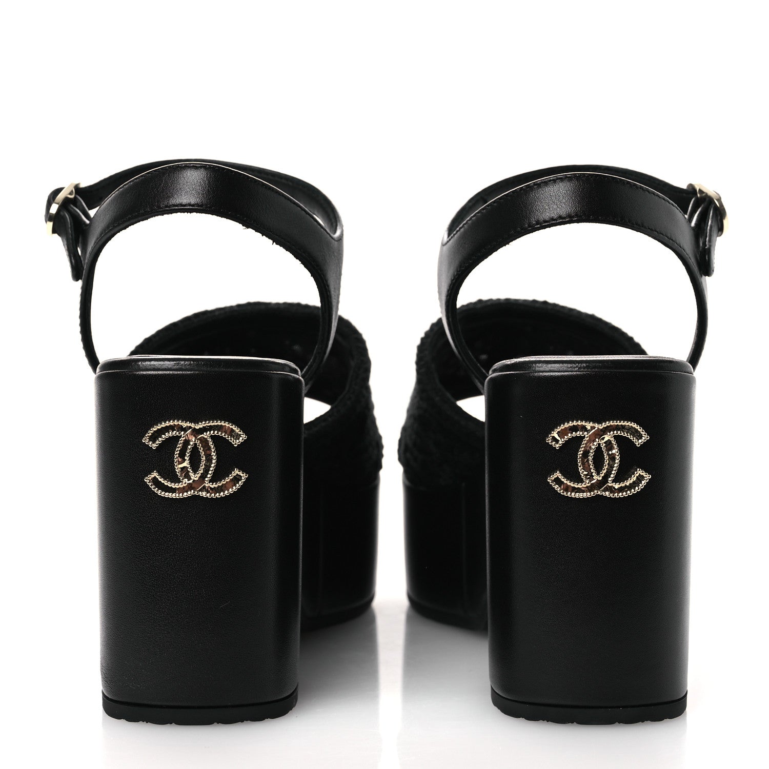 Fabric Calfskin CC Platform Sandals 36 Black