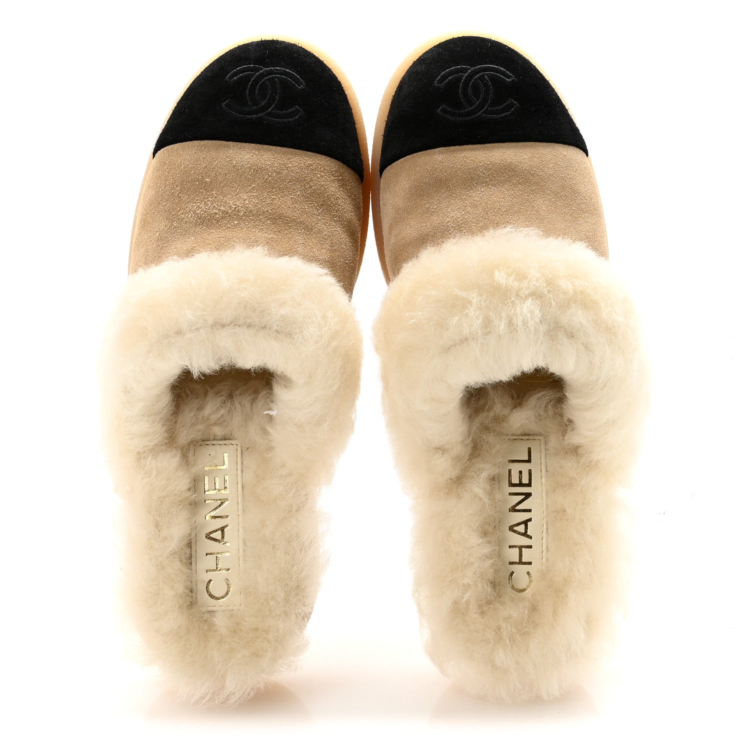 Suede Shearling CC Cap Toe Mules 36 Beige Black