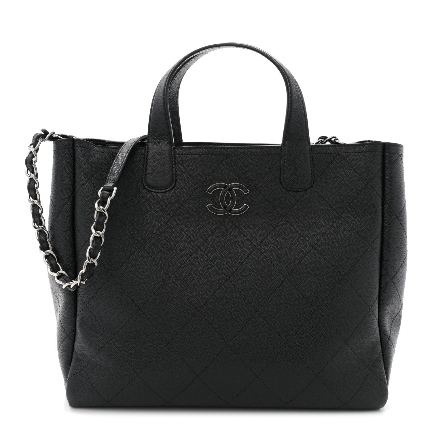 Caviar Stitched Medium Lady Coco Shopping Tote Black