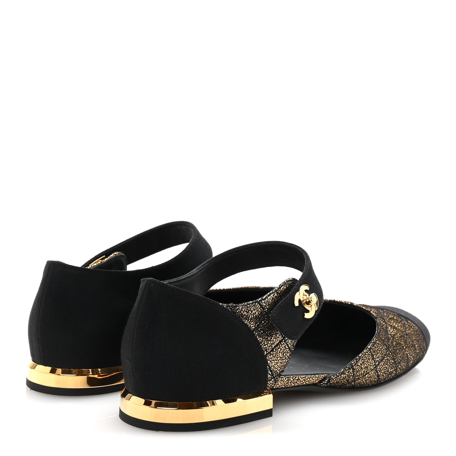 Laminated Suede Kidskin Grosgrain Quilted Cap Toe Ballerina Flats 37.5 Gold Black
