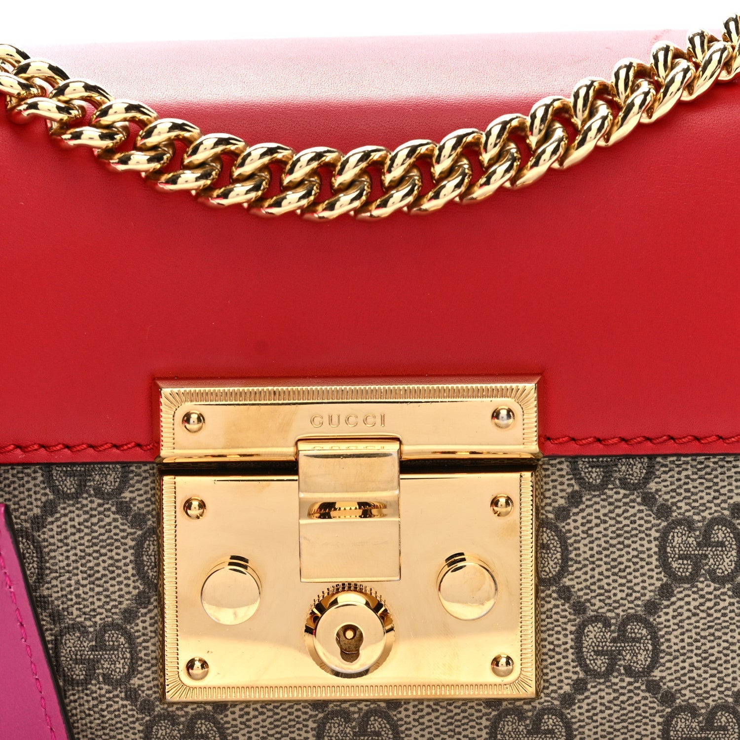 GG Supreme Monogram Calfskin Small Padlock Shoulder Bag Beige Hibiscus Red New Rosette