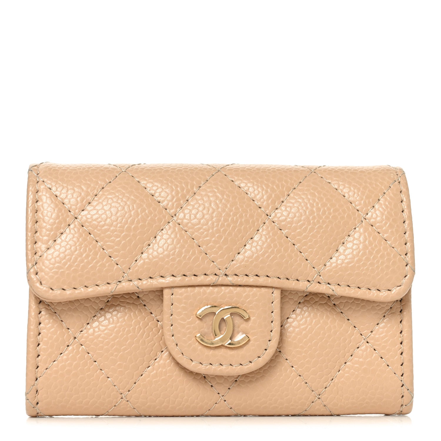 Caviar Quilted Flap Card Holder Wallet Beige