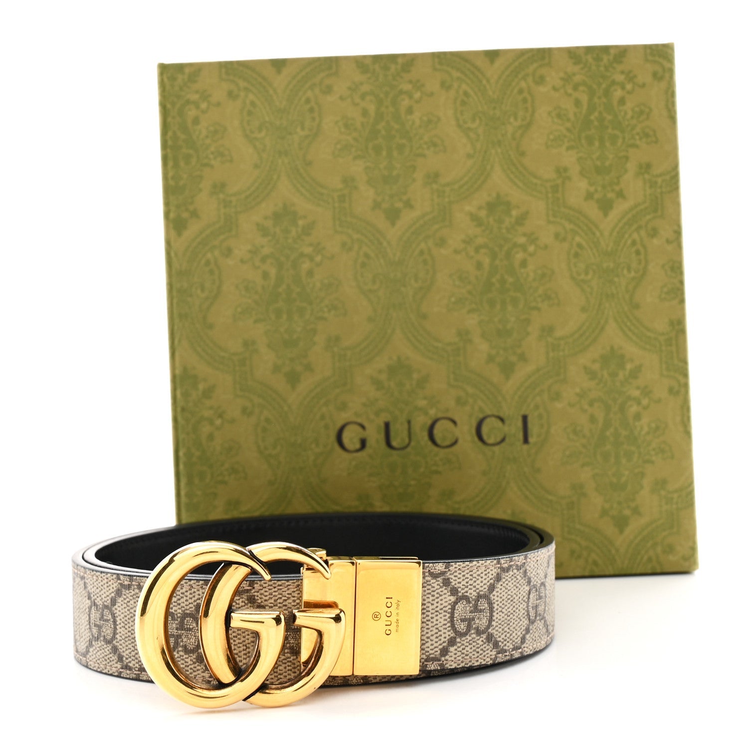 GG Supreme Monogram Plutone Calfskin Double G Reversible 30mm Belt 80 32 Beige Ebony Black