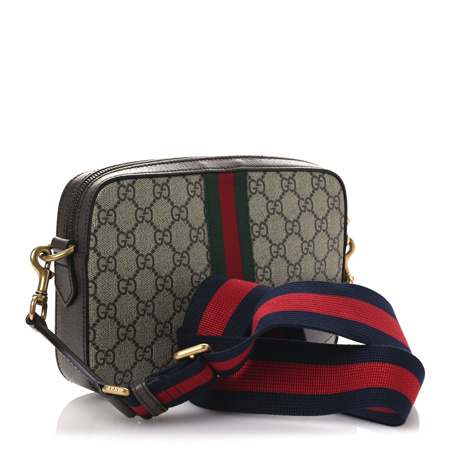 GG Supreme Monogram Textured Dollar Calfskin Web Ophidia Wristlet Shoulder Bag Beige Ebony New Acero