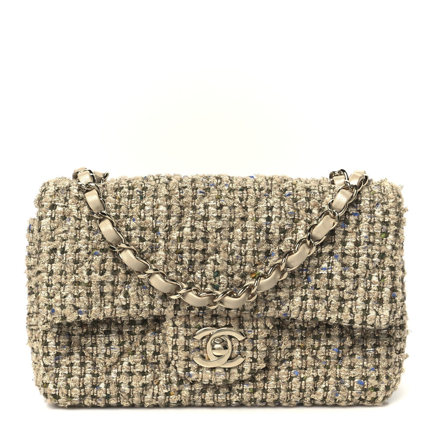 Tweed Quilted Mini Rectangular Flap Beige