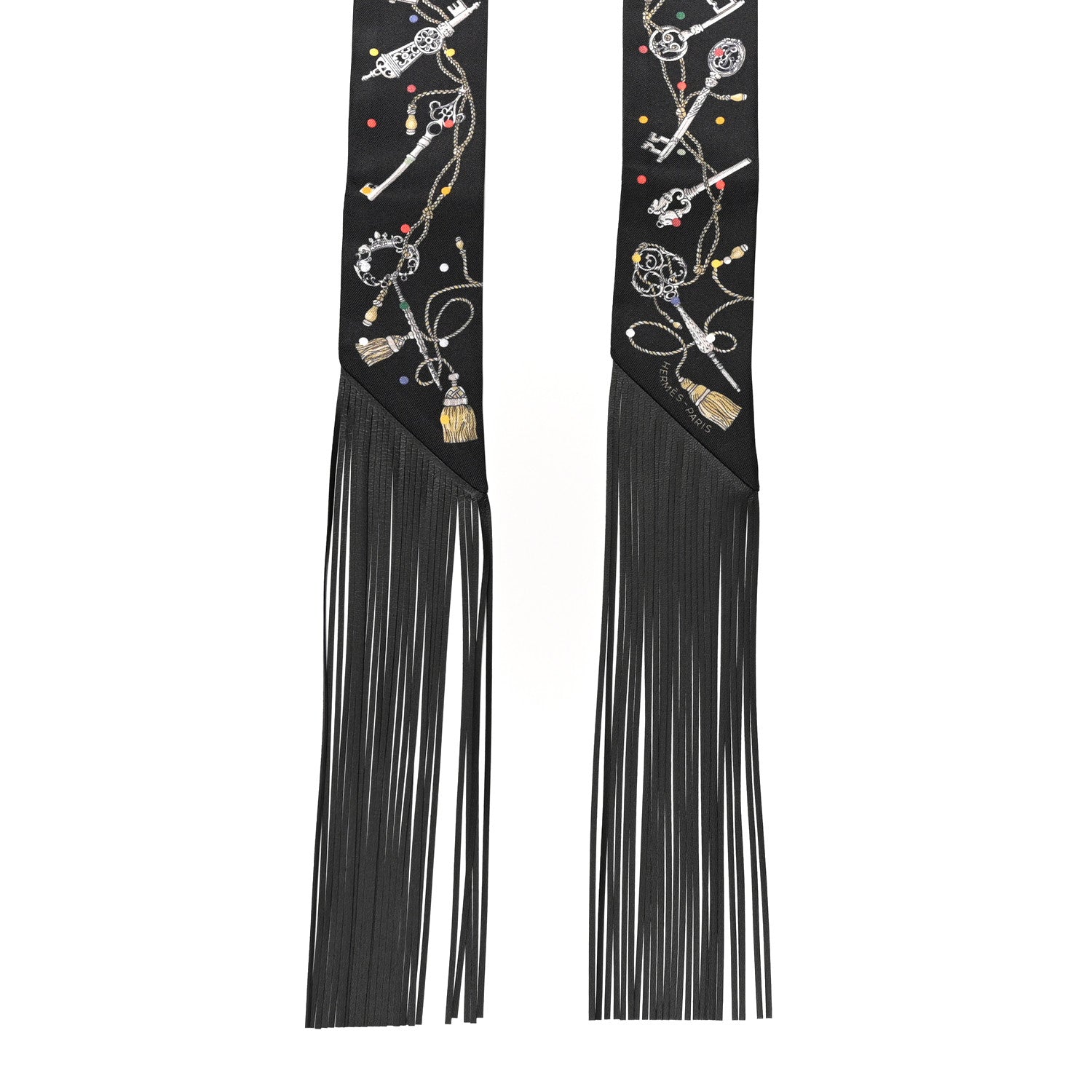 Silk Calfskin Les Cles A Pois Fringed Twilly Black Mordore White