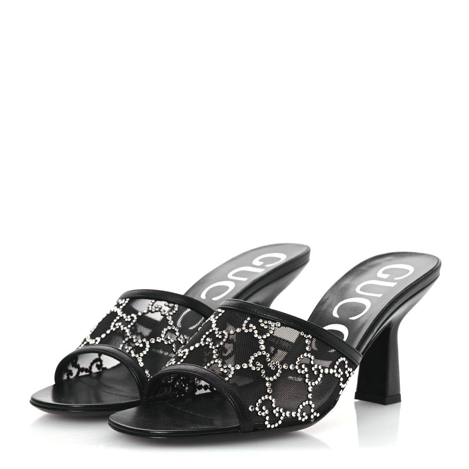 Tela Retino Kid Scamosciato Crystal GG Monogram Square Demi Mule Sandals 36 Black