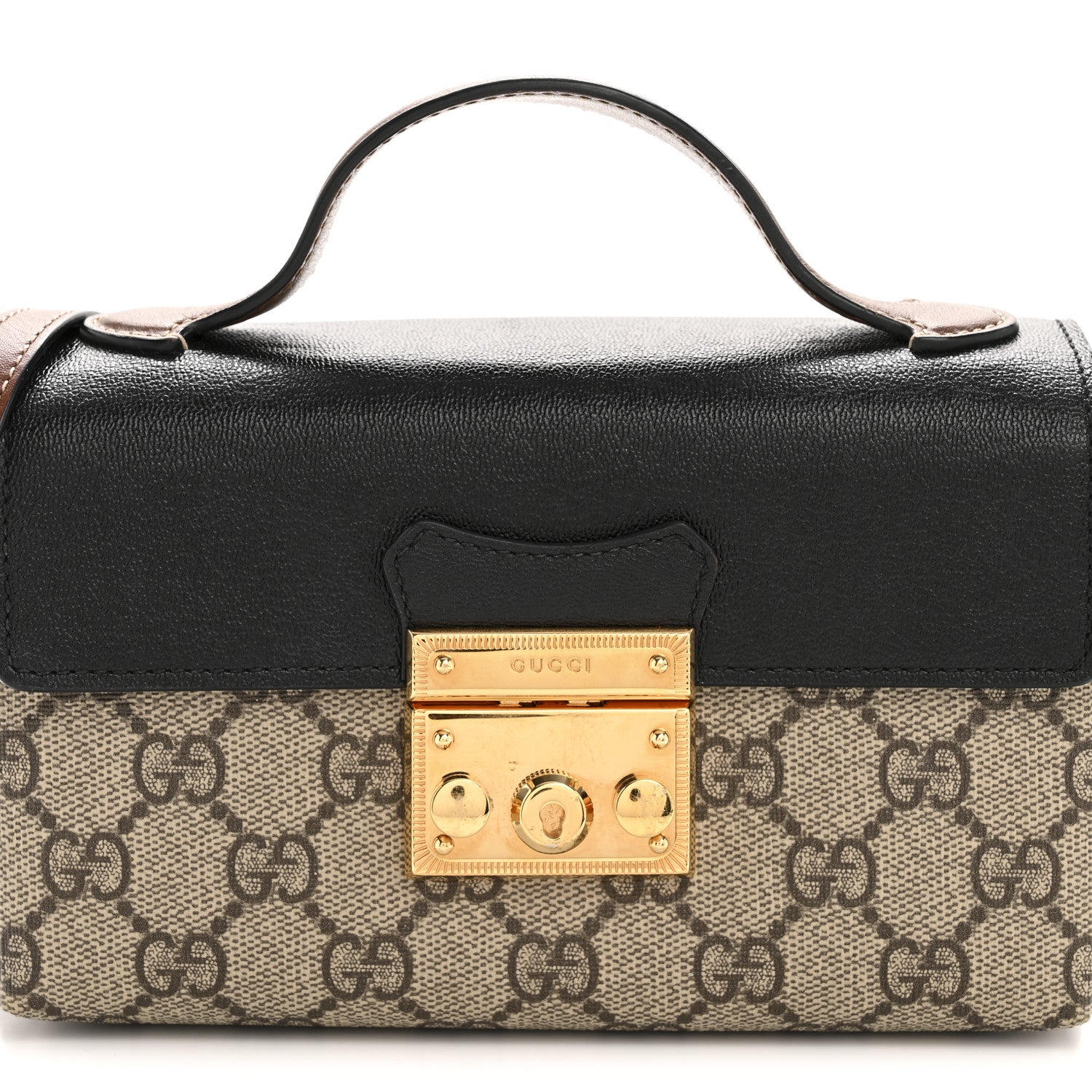 GG Supreme Monogram Calfskin Mini Padlock Top Handle Shoulder Bag Beige Black Cuir