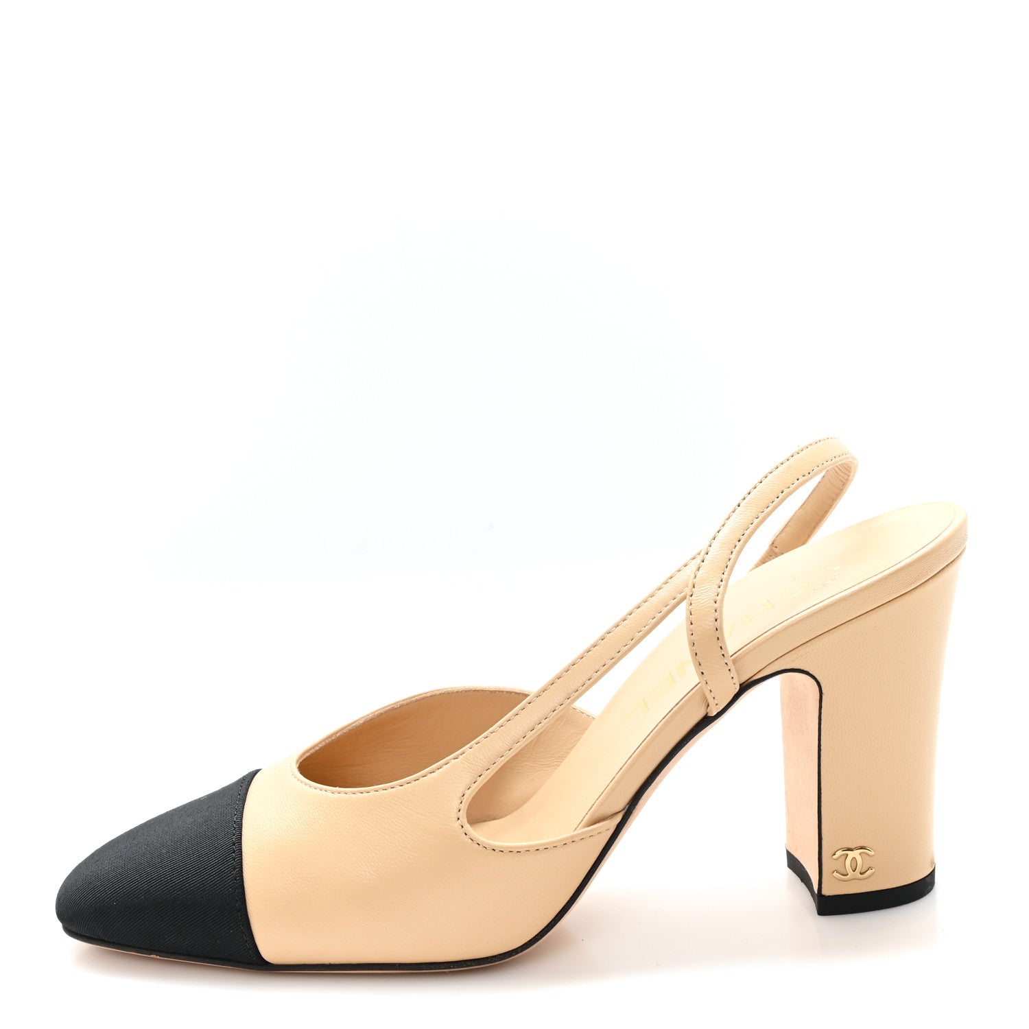 Goatskin Grosgrain Cap Toe CC Slingback Pumps 37 Beige Black