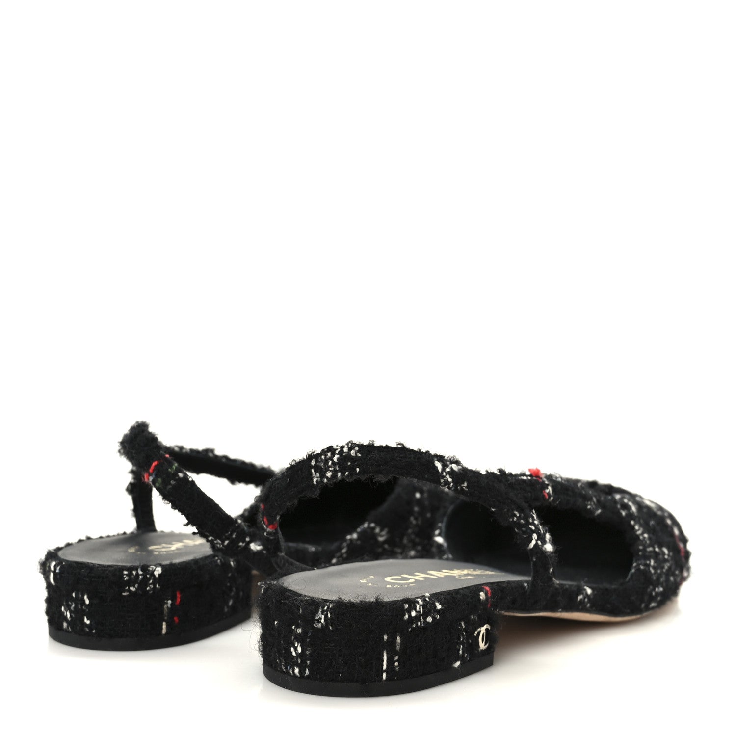 Tweed Lambskin Cap Toe CC Slingback Flats 39 Black White Multicolor