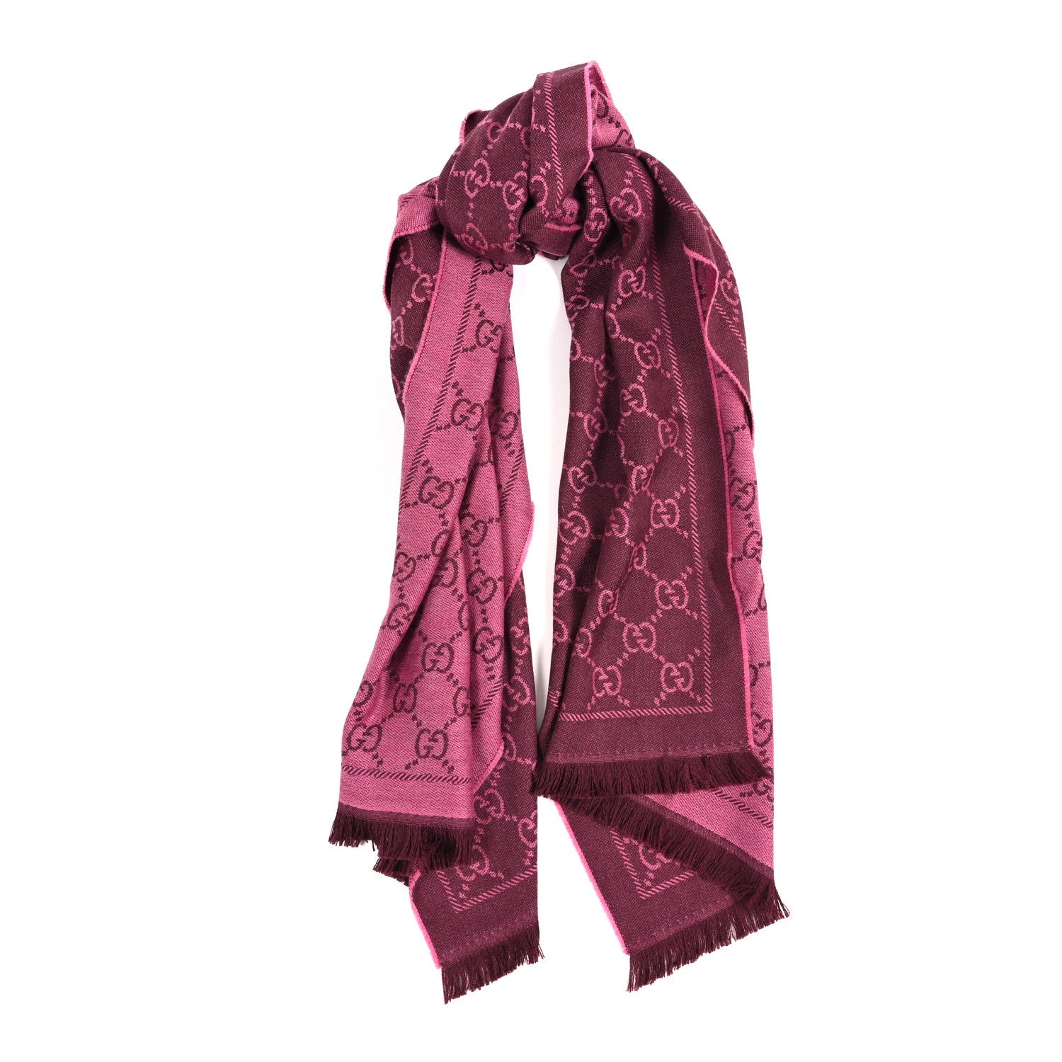 Wool Jacquard GG Monogram Sten Fringe Scarf Magenta Bordeaux
