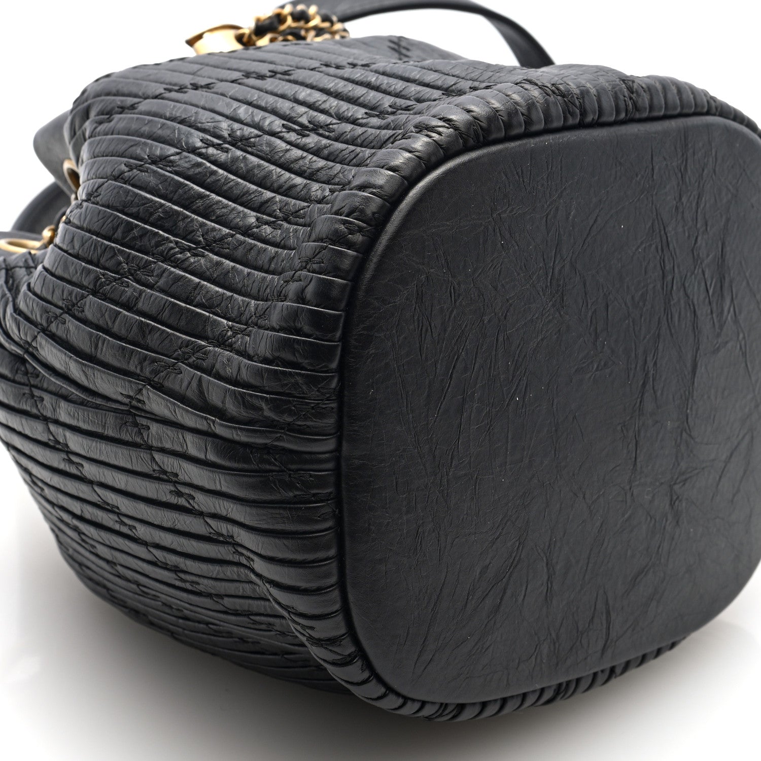 Crumpled Calfskin Coco Pleats Small Drawstring Bag Black