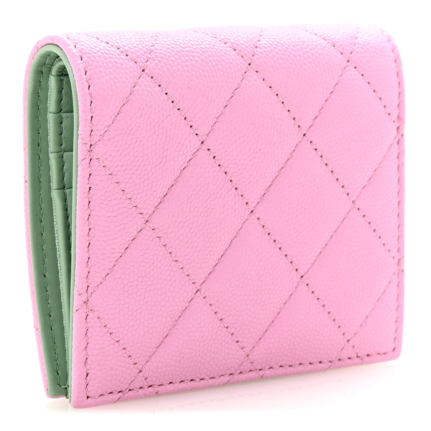 Caviar Metal Perforated Quilted CC Compact Bi-Fold Flap Wallet Lilac Light Green