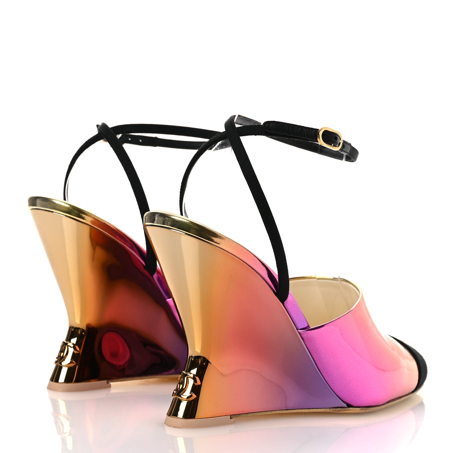 Laminated Calfskin Grosgrain Cap Toe CC Wedge Pumps 39 Pink Orange Yellow Black