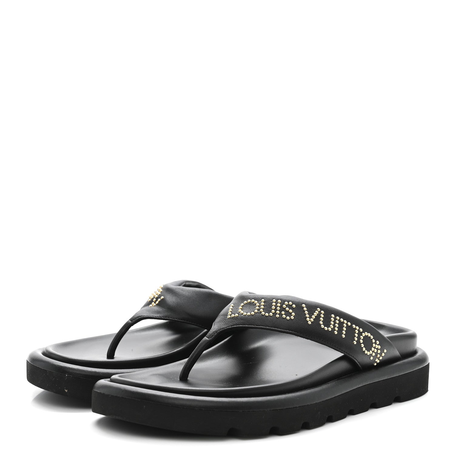 Calfskin Logo Studded Pillow Flat Thong Sandals 35 Black