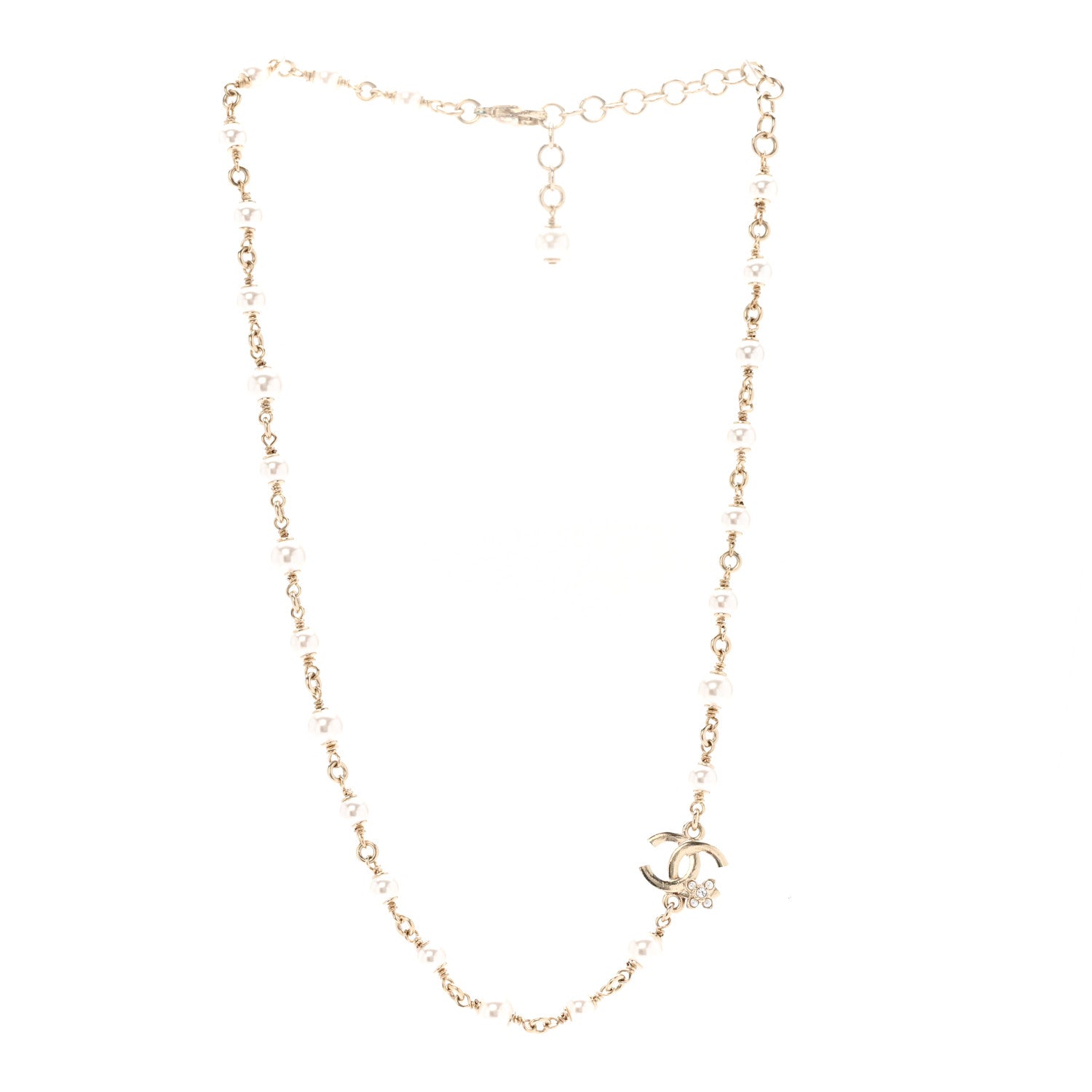 Pearl Crystal CC Flower Necklace Pearly White Light Gold