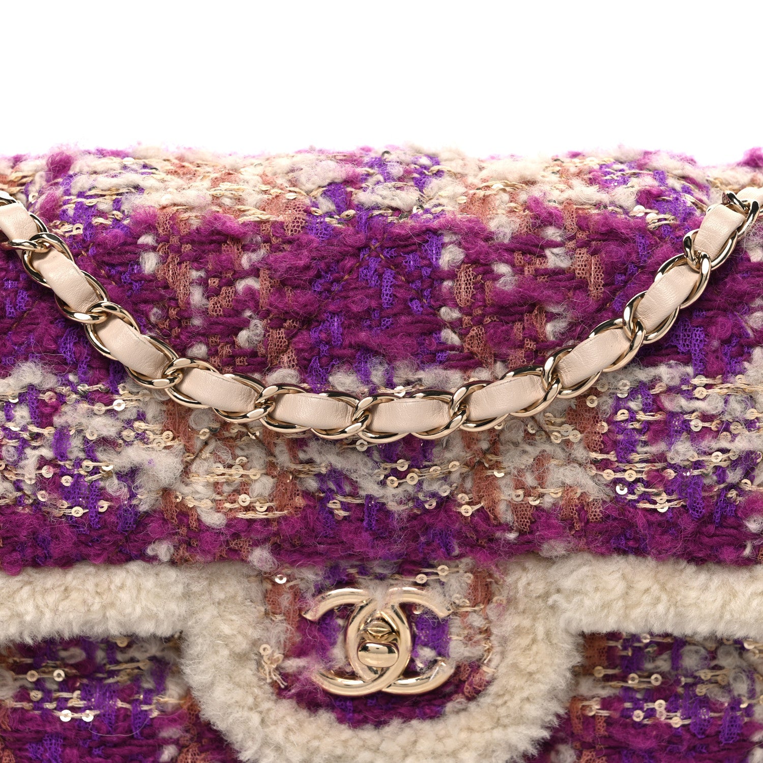 Tweed Shearling Large Flap Bag Purple Beige