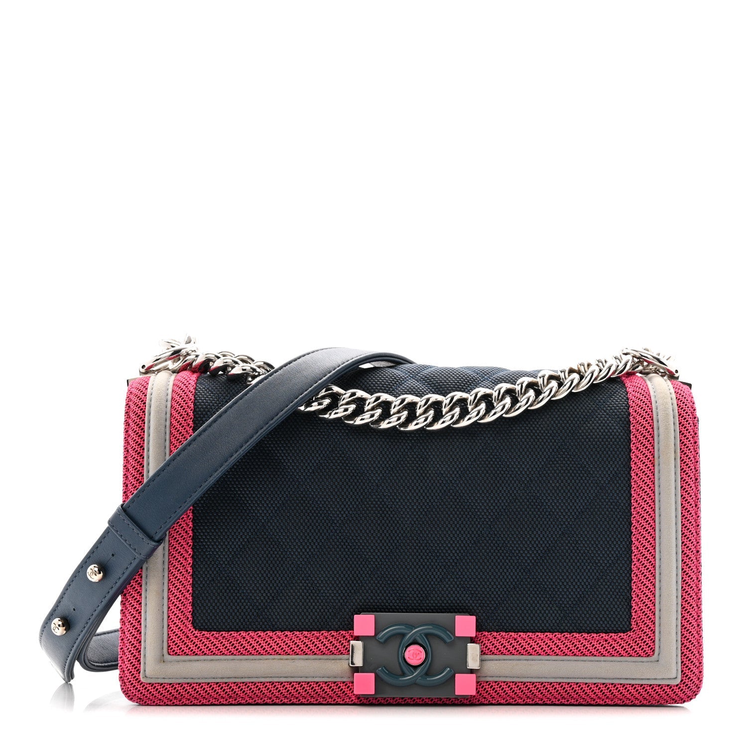 Canvas Quilted Medium Fluo Boy Flap Dark Navy Fuchsia Grey