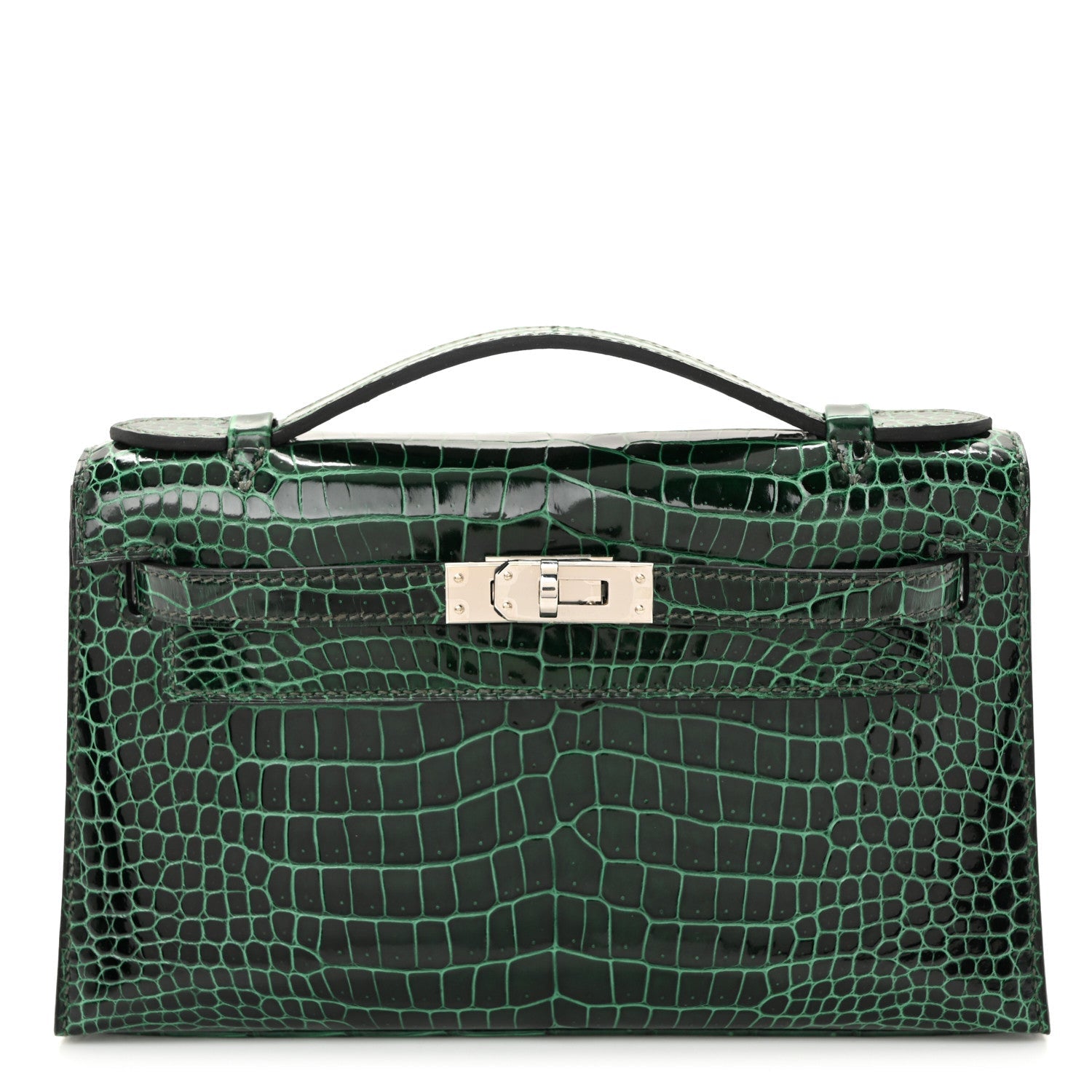 Shiny Porosus Crocodile Kelly Pochette Vert Cypress