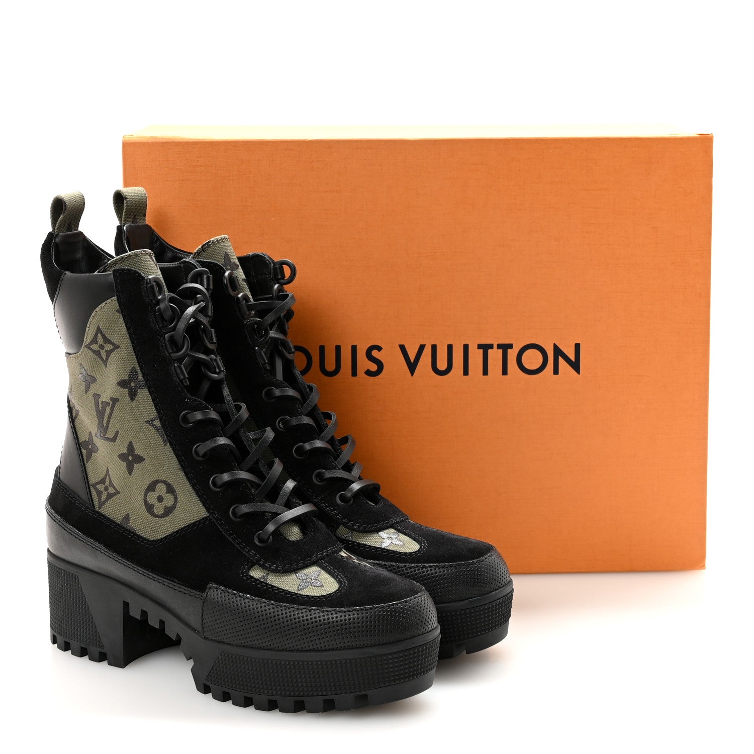 Suede Monogram Laureate Platform Desert Boots 37 Kaki Black