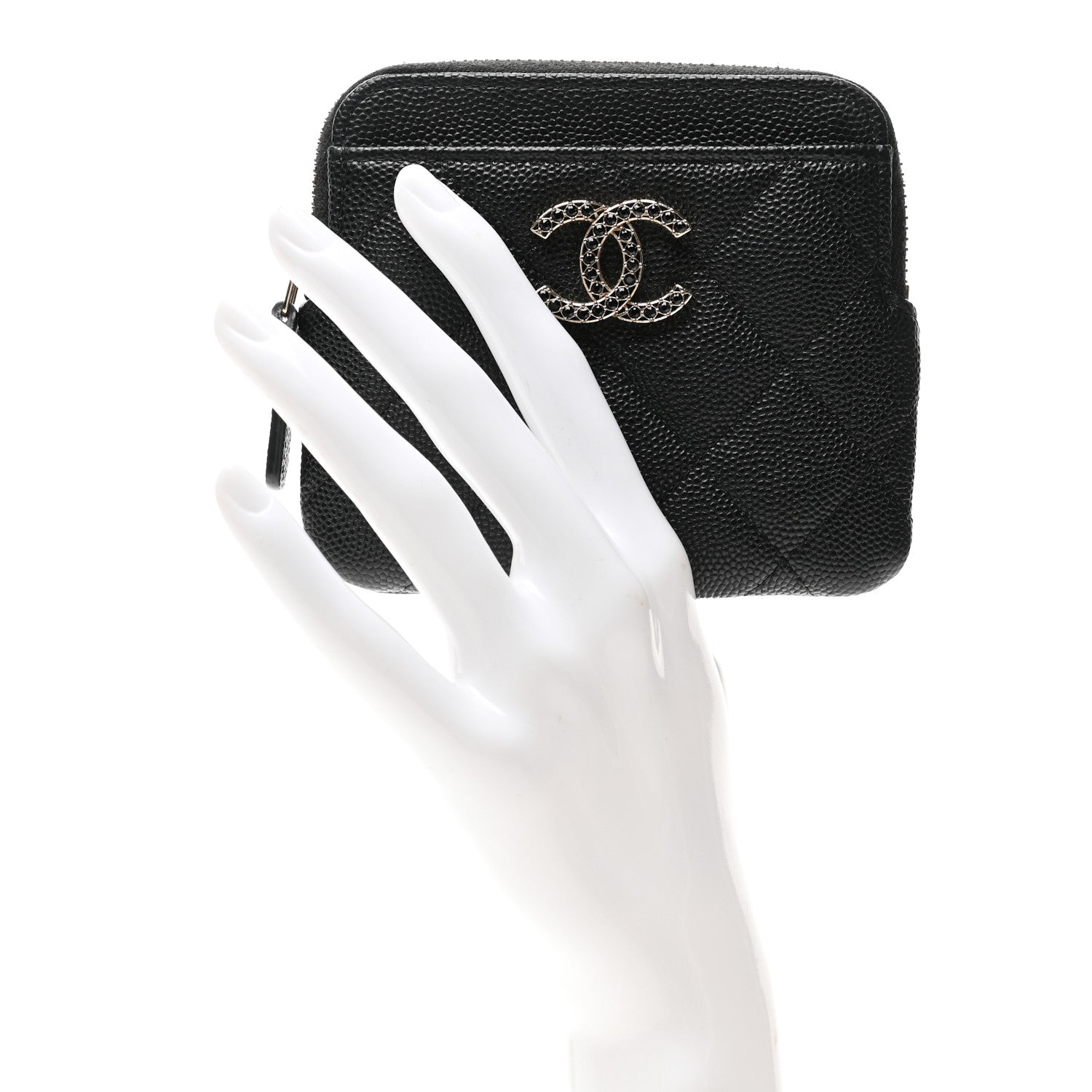 Caviar Quilted Crystal Zip Card Holder Wallet Black