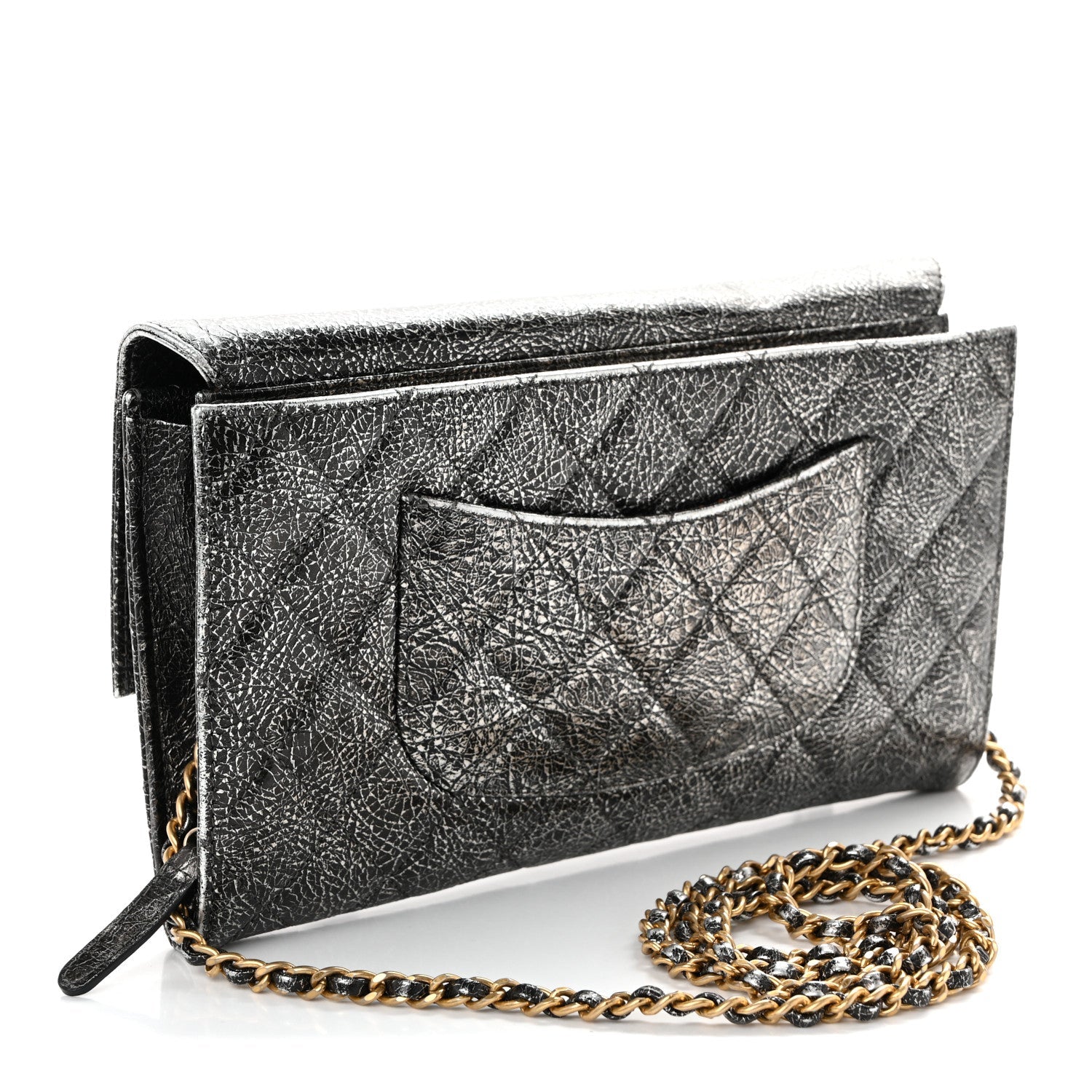 Cracked Metallic Calfskin Quilted Zip Away Chain Clutch Dark Silver
