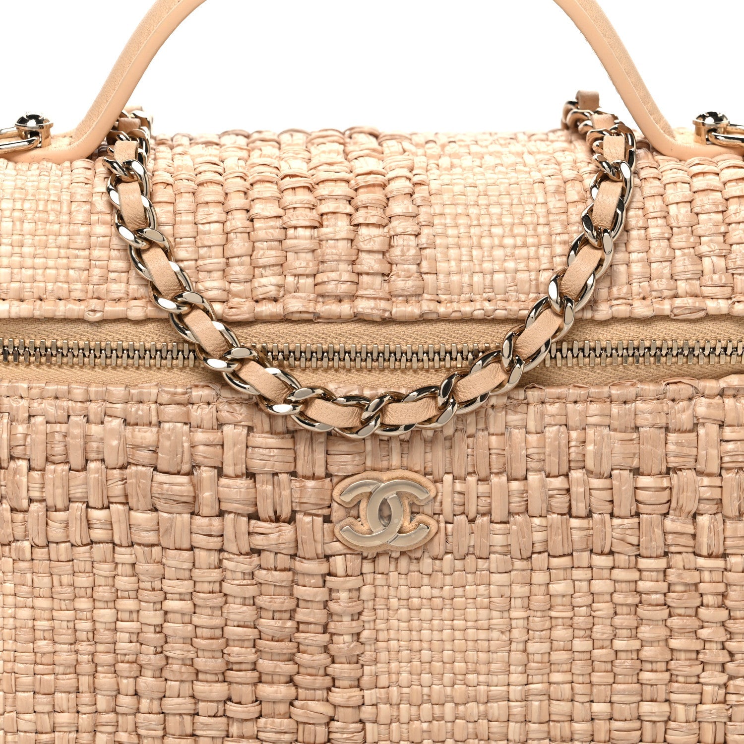 Braided Raffia Quilted Top Handle Slim Vanity Case With Chain Beige