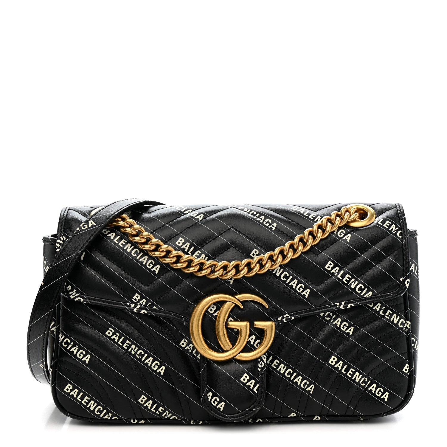 X BALENCIAGA Calfskin Matelasse Logo Print Small GG Marmont Shoulder Bag Black