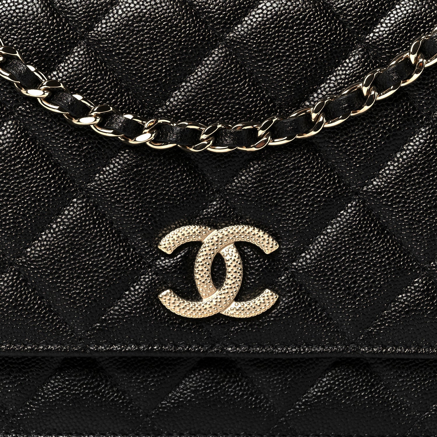 Caviar Quilted Studded CC Wallet on Chain WOC Black