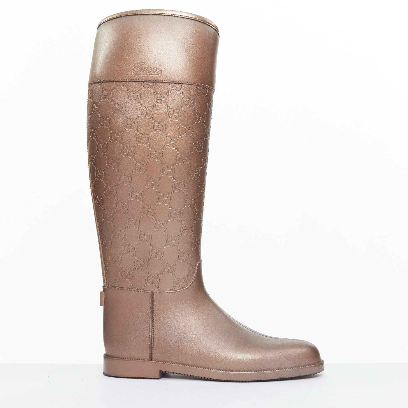 Women's Gucci bronze rubber rainboots