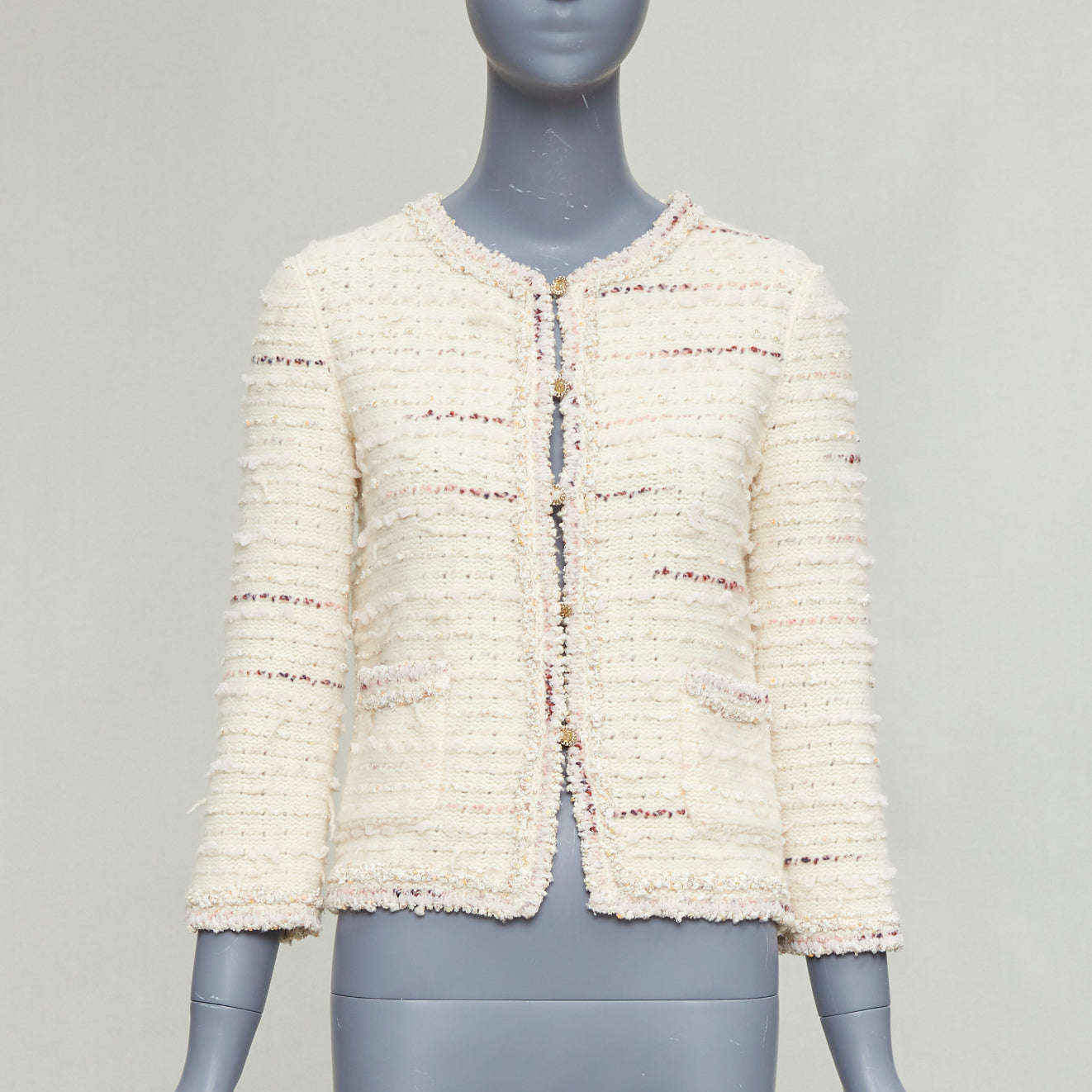 Women's Chanel cream pink tweed CC cardigan