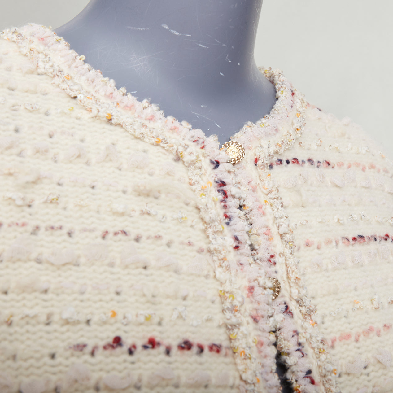 Women's Chanel cream pink tweed CC cardigan