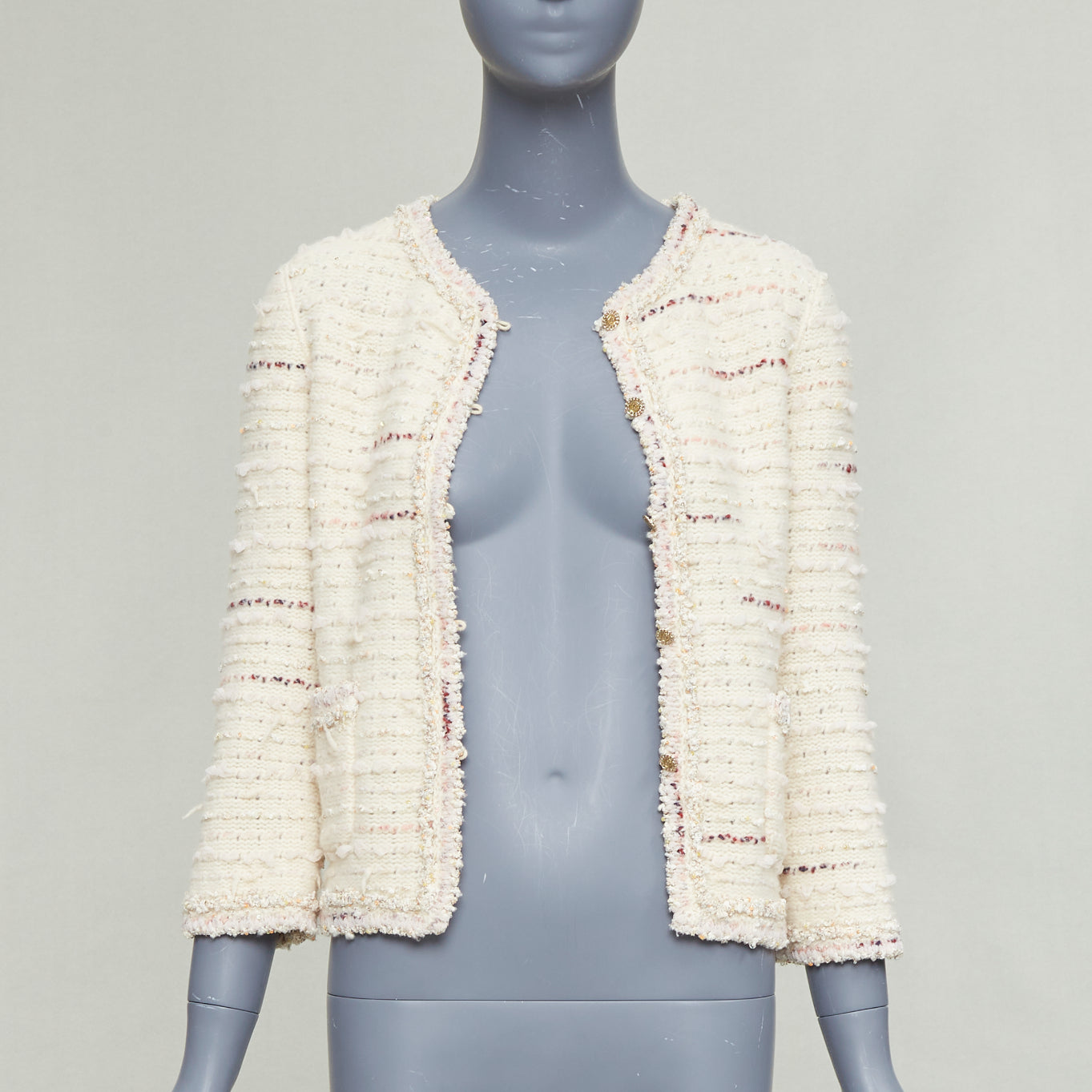 Women's Chanel cream pink tweed CC cardigan