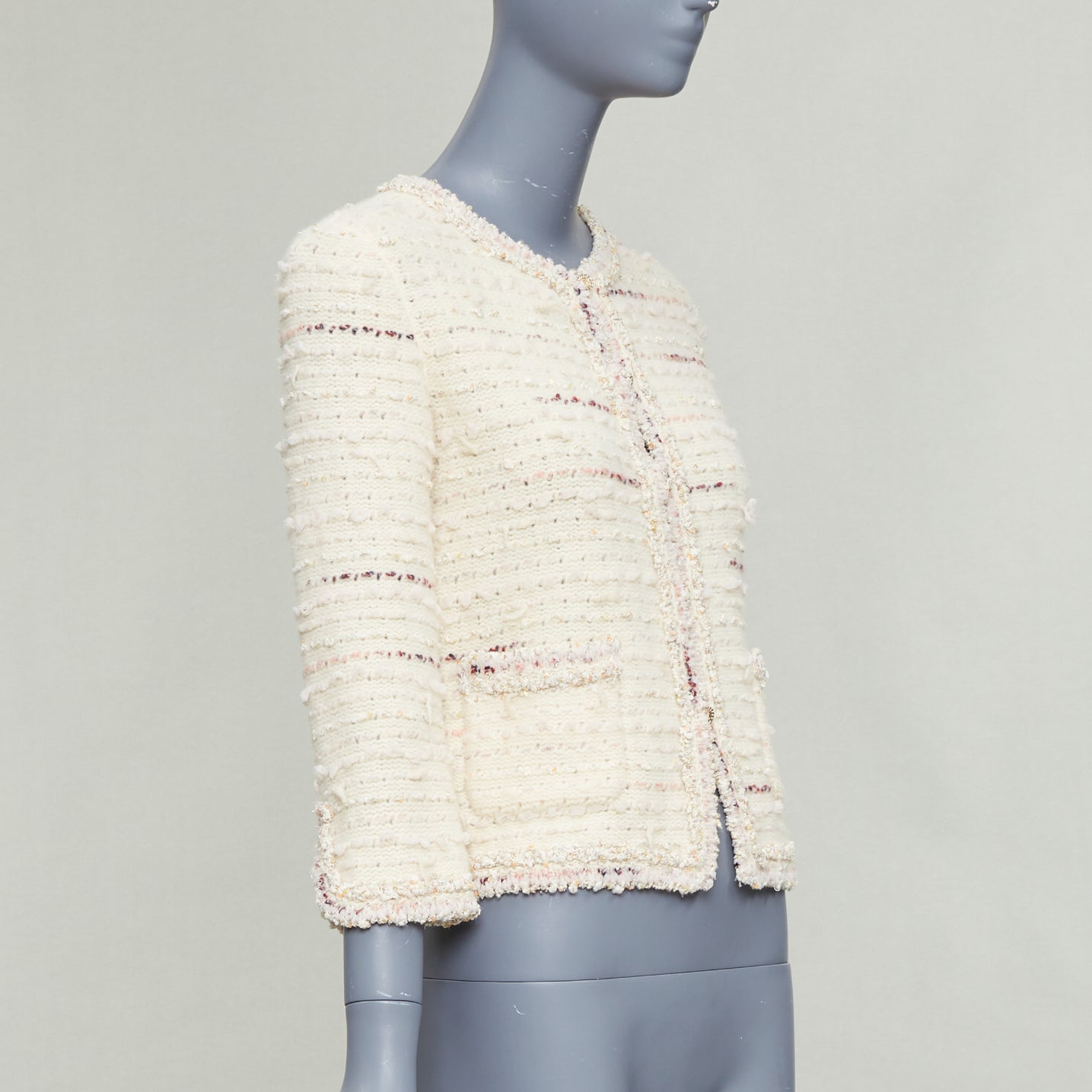 Women's Chanel cream pink tweed CC cardigan