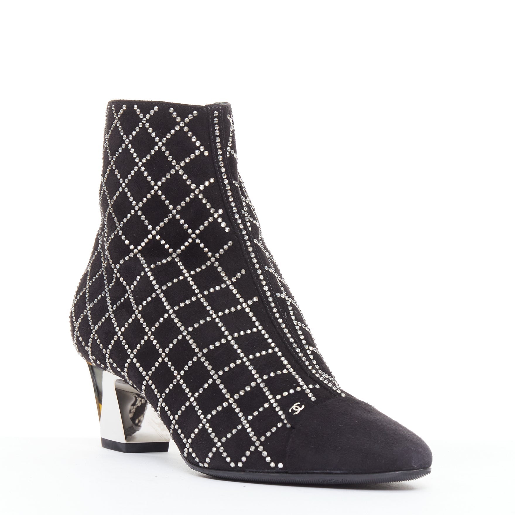 Women's Chanel black suede crystal heel boots