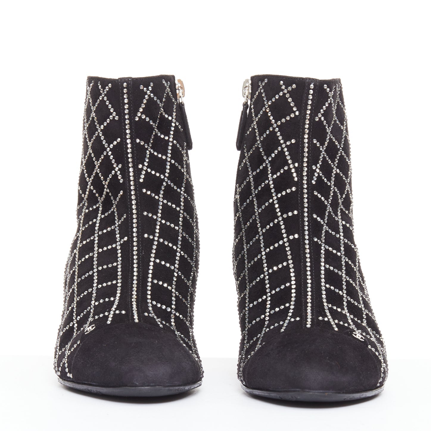 Women's Chanel black suede crystal heel boots
