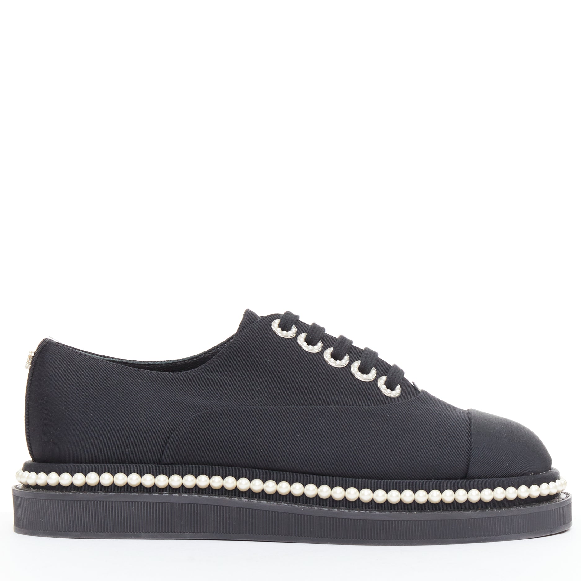 Women's Chanel black canvas pearl oxfords