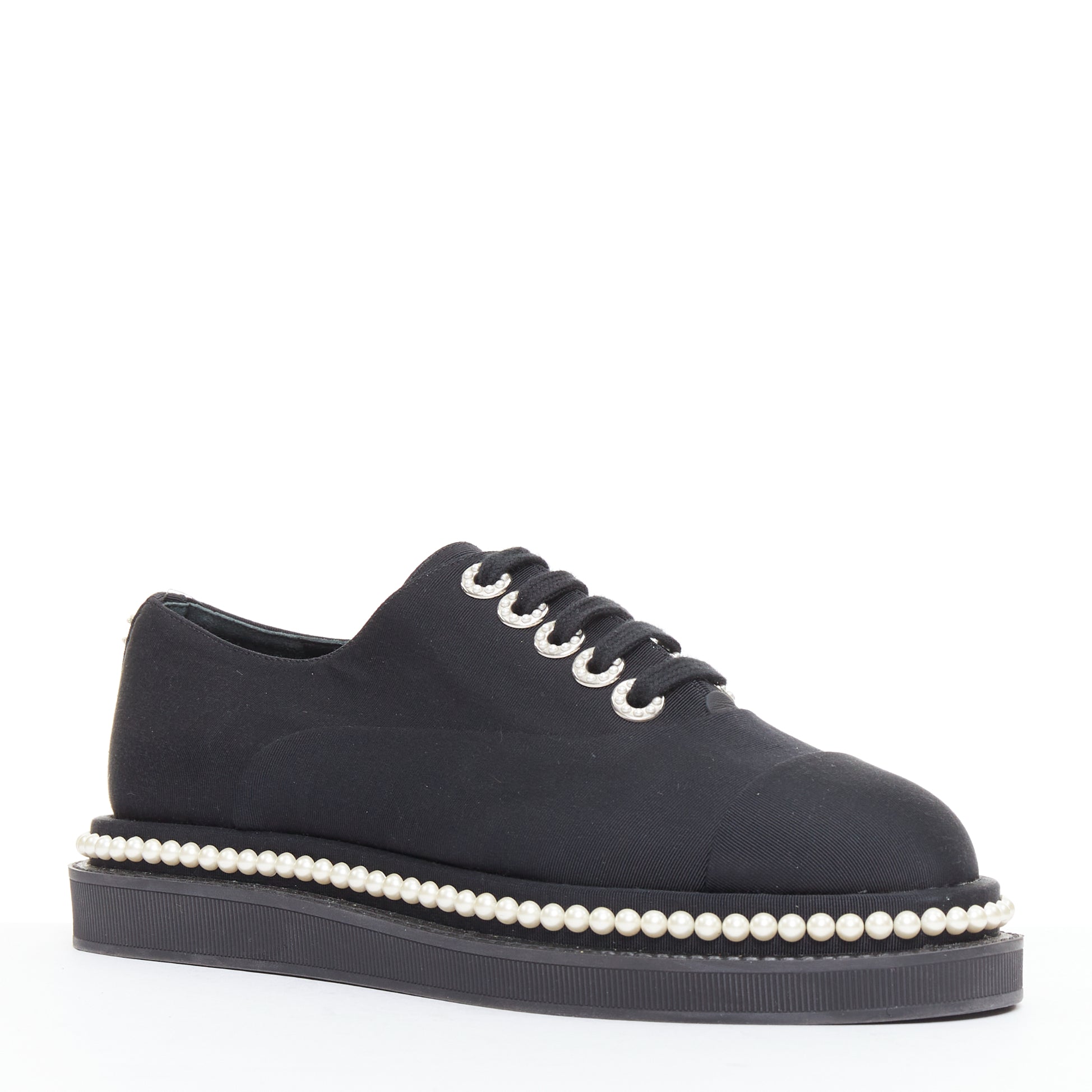 Women's Chanel black canvas pearl oxfords