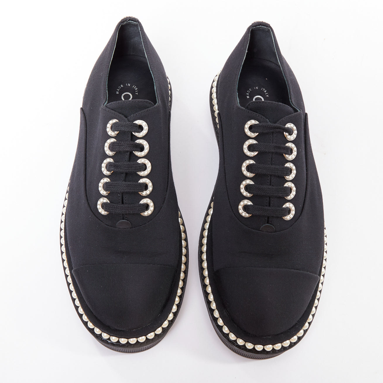 Women's Chanel black canvas pearl oxfords
