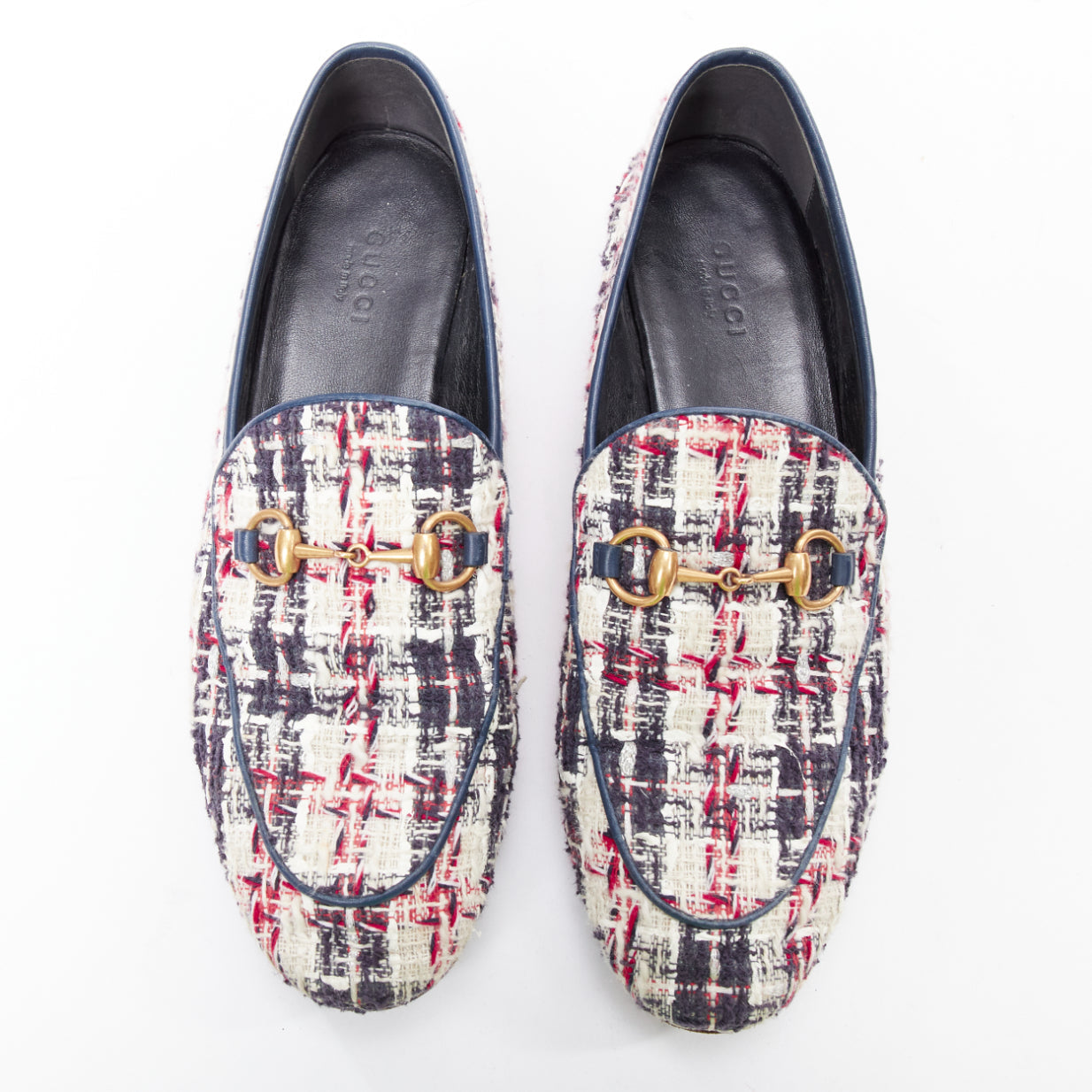 Women's Gucci red tweed horsebit loafers