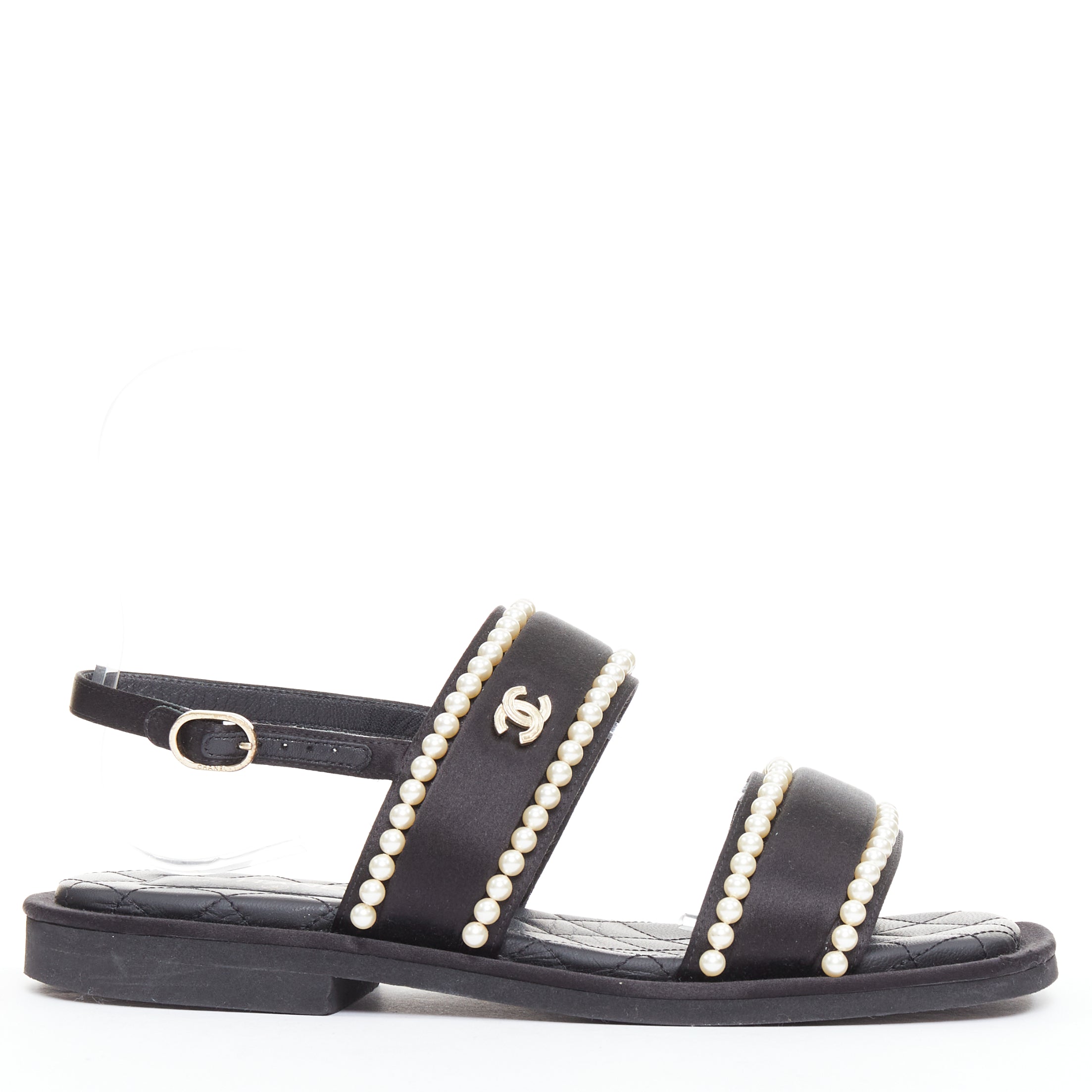 Women's Chanel black satin pearl sandals