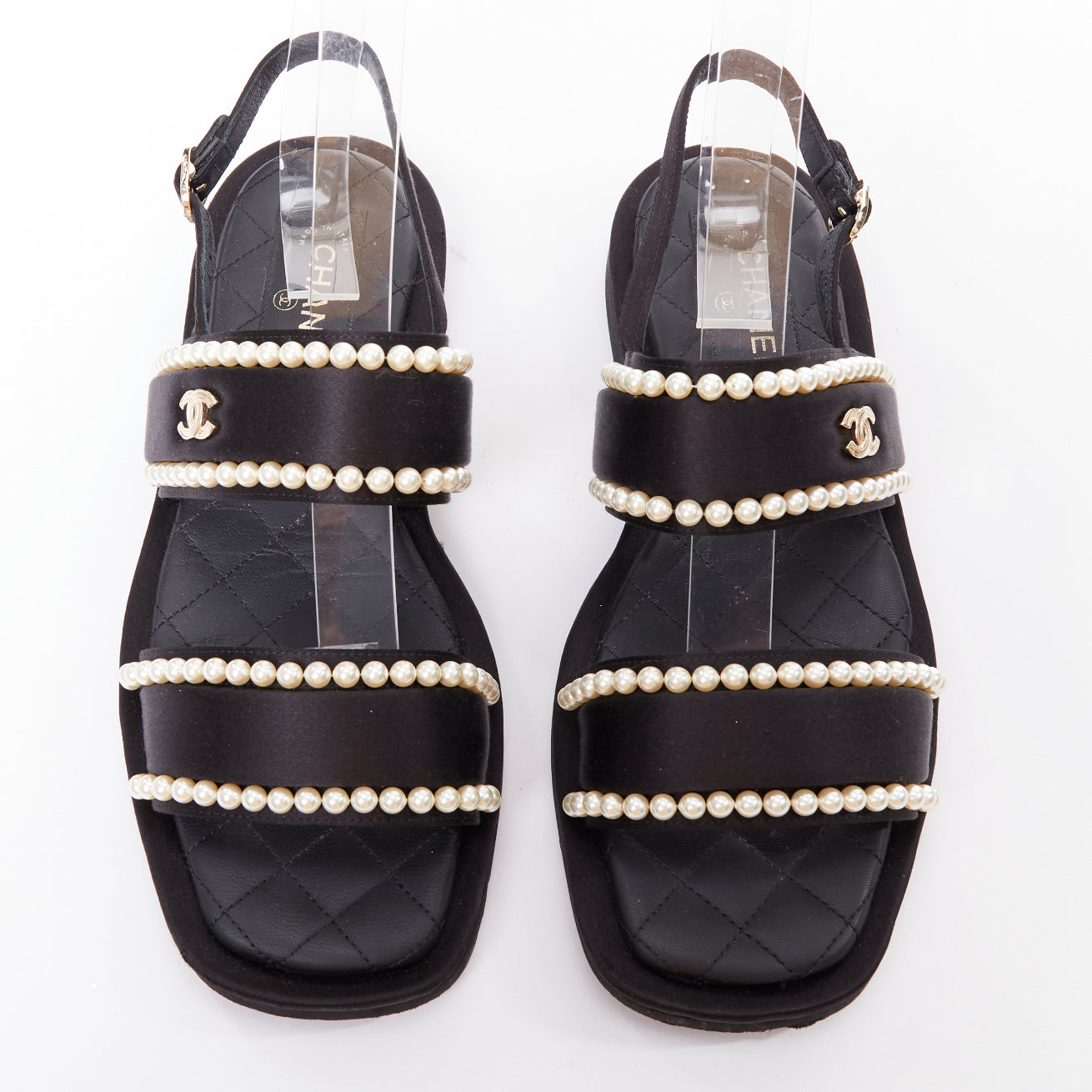 Women's Chanel black satin pearl sandals