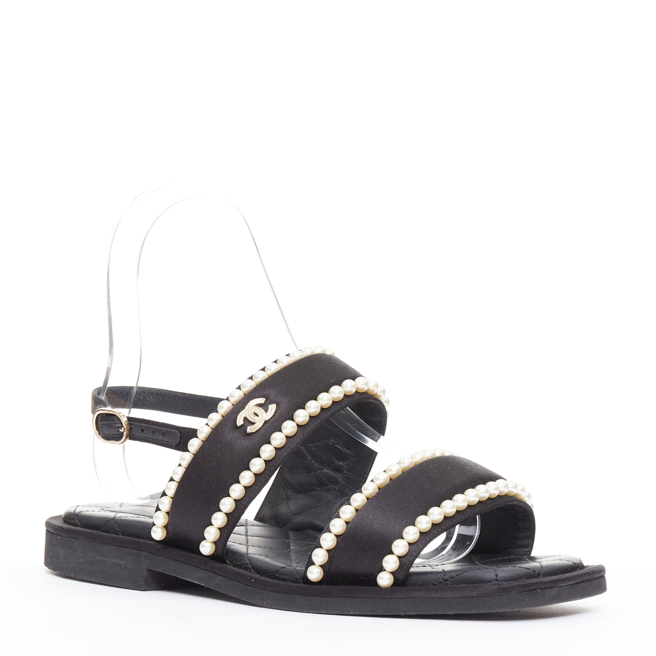 Women's Chanel black satin pearl sandals