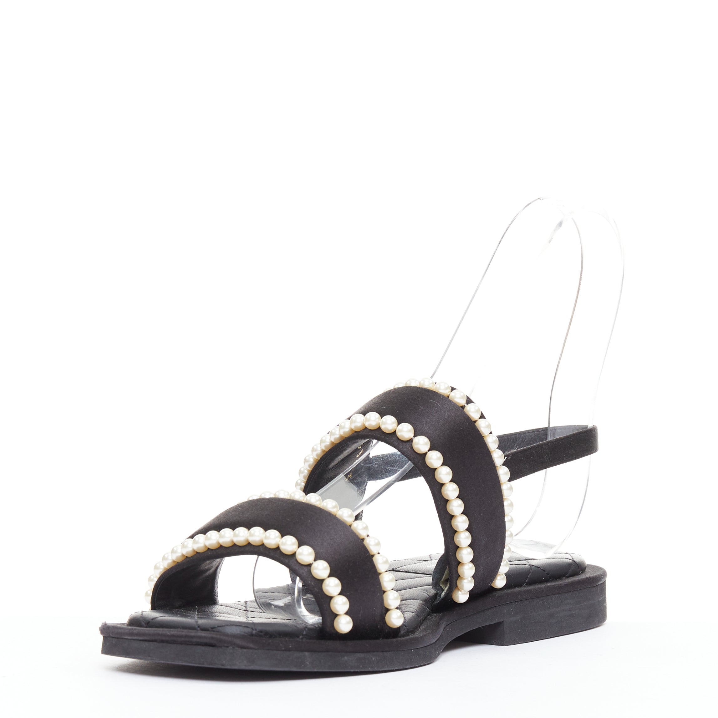 Women's Chanel black satin pearl sandals