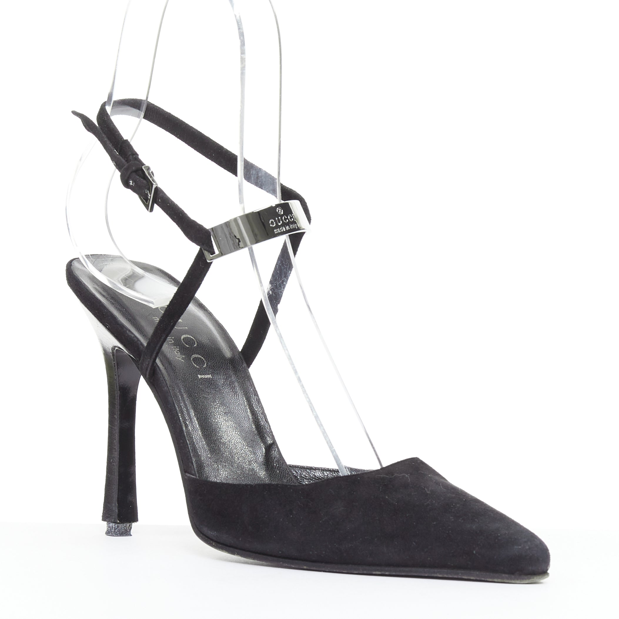 Women's Gucci black suede metal slingback pumps