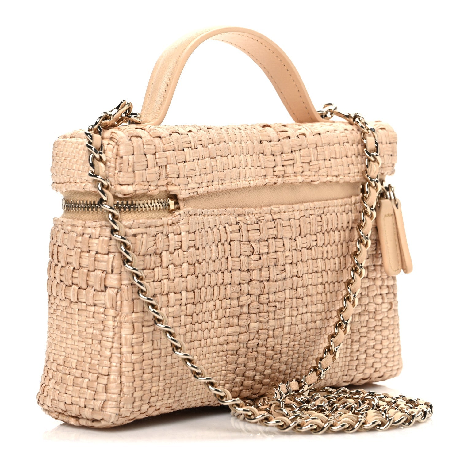 Braided Raffia Quilted Top Handle Slim Vanity Case With Chain Beige