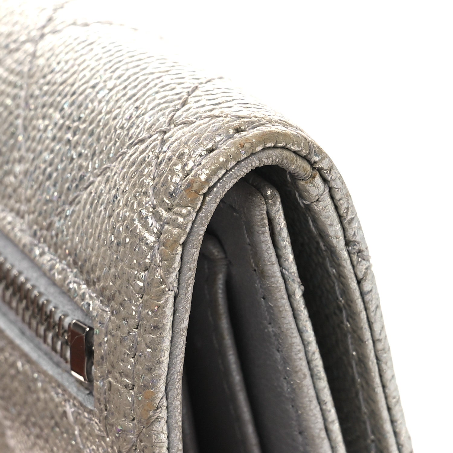 Metallic Caviar Quilted Compact Flap Wallet Silver